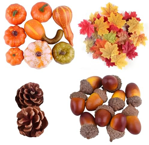 EIHI 50pcs décoration de Automne, Petites Mini Fausses artificielles Gourde Feuilles d'érable cônes de pin Glands pour la récolte d'automne Halloween décoration Automne déco