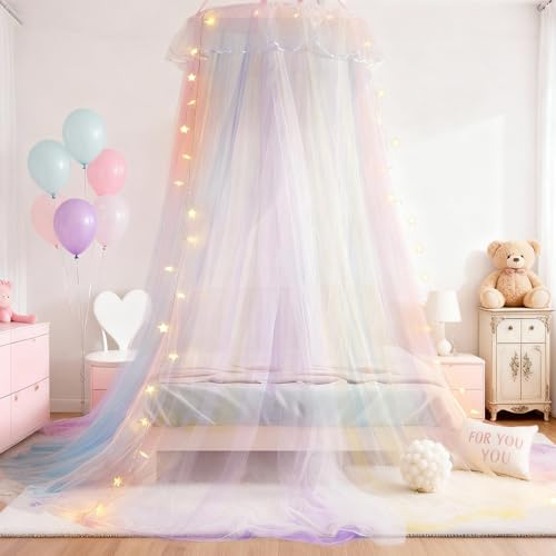 Anmas Power Regenbogen-Betthimmel für Mädchen, Princess Bed Canopy für Mädchen, Bunte Netznähte, Moskitonetz für die Schlafzimmerdekoration(Regenbogen)