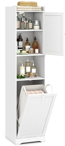 COSTWAY Bad Hochschrank mit Wäschekorb, Badezimmerschrank mit verstellbarem Regal & offenem Fach, Badschrank Holz, inkl. 48L herausnehmbarer Wäschesack, 40 x 40 x 170cm (Weiß)