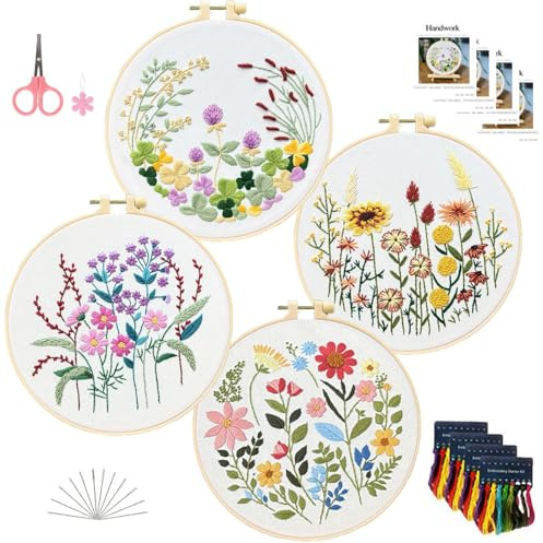 4 Pack Floral Embroidery Starter Kit with Hoops,Flower Pattern Cross Stitch Kit for Beginners Adults Bamboo Embroidery Hoops,Pattern Guide, Scissors