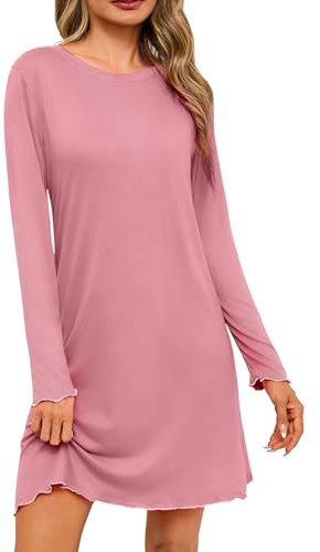 Leversic Nattlinne damer långärmad sovskjorta bomull rund hals sovskjorta med spets S–XXL, 1389-rosa, XXL
