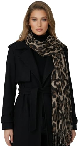 Baesics Leo Schal Damen Herren - Animal Print Winterschal Webschal weich | Weich gewebt mit Fransen, Maße ca. 170 x 65 cm, angenehm warm. Animal Print für Mantel, Büro und als Geschenk