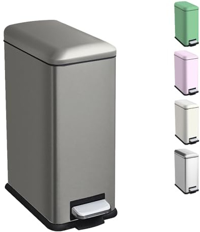 Ullege Bathroom Bin with Lid, Small Pedal Bin, Slim Rubbish Bin for Bedroom | Grey, 10L Small Rubbish Bin with Inner Bucket, Stainless Steel Pedal Bin with Soft-close Lid, Slim Bin for Bathroom, Bedroom