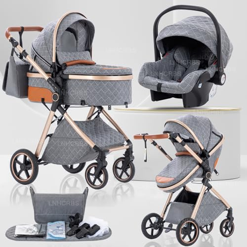 Lnhcrbs Cochecito Bebe 3 Piezas con portabebés, Sistema de Viaje's portabebés es Plegable,Carrito de Bebé Mang es Ajustable, las Ruedas son de Material PU,para 0-3 Años,Gris
