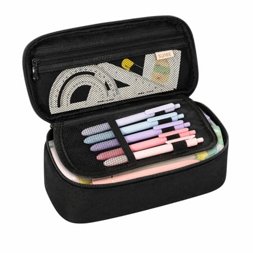 SUNEE Federmäppchen mit großer Kapazität, Ästhetische Mäppchen mit Fächern und Griff, Großes Pencil Case, Tragbare Federtasche und Federmappe für Schule, Büro, Mädchen & Jungen, Schwarz