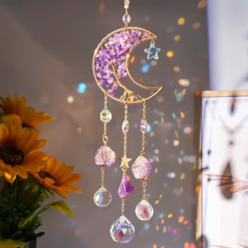 Sonnenfänger Kristall Windspiel, Hanging Windspiel Regenbogen Mond Anhänger Kristalle, Fensterdeko Hängend, Kristall-Sonnenfänger Prisma Lichtfänger Suncatcher für Garten Zuhause Büro