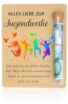 Jugendweihe Geschenke Holz Set, Schild mit Reagenzglas Geschenkbox, Jugendweihe Karte, Geschenke für Jungen Mädchen, Kreative Verpackung für Geldscheine, Deko Aufsteller