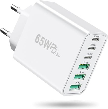 Rantuia 65W GaN Mehrfachladegerät 6 Port, Kompaktes USB-C Schnellladegerät mit 3×USB-C PD & 3×USB-A Anschlüssen, EU Reise Ladeadapter für iPhone 16/15, Samsung S24/S23, iPad, Laptop, Weiß
