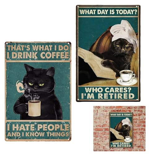 2er-Set Metall Kaffee Wanddekoration mit Katze im Retro-Posterdesign | Vintage Cat Wall Art aus Metall mit Katzen- und Kaffeemotiv, dekorativ für Küche, Café, Wohnzimmer oder Kaffeebereich.