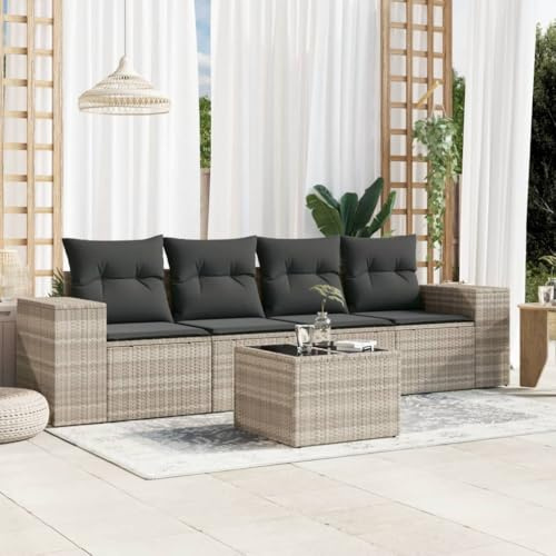 Frdhee Gartenmöbel Set Eckbankgruppe,5-TLG. Garten-Sofagarnitur mit Kissen Hellgrau Poly Rattan für Balkon,Hof und Terrasse