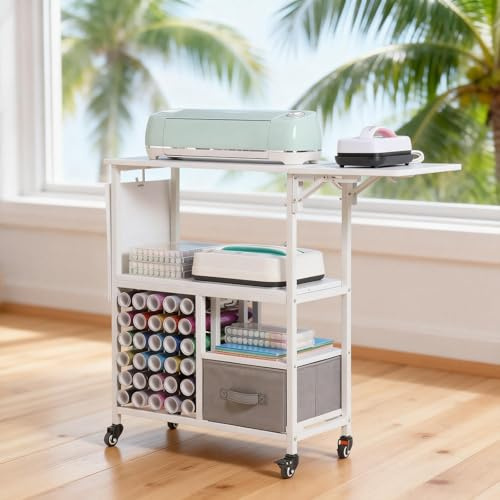 Garvee Craft Cart and Organizer Table, Craft Trolley & Workstation, Compatible with Cricut & Hot Press, 30 vinyl roll holders ＆ Fabric Drawer, Mobile Storage Cart, White