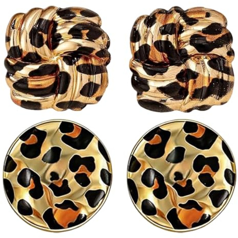 KRFWGUU Léopard Boucles D'Oreilles, 2 Paire Boucle D Oreille Leopard Femme, Géométriques Imprimées Boho Boucles D'Oreilles, Accessoire Leopard, Convient Aux Femmes