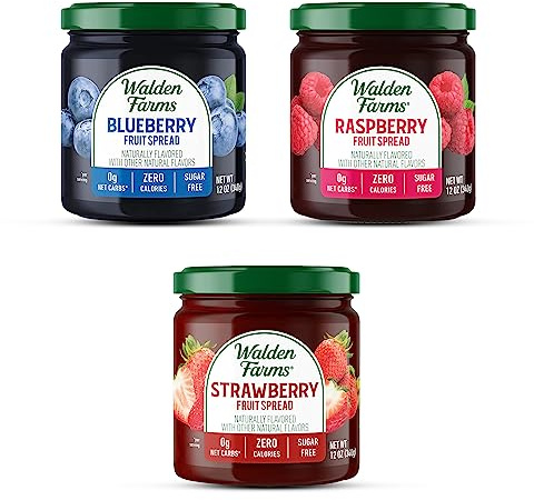 Walden Farms Fruit Spread Variety Pack Blueberry, Raspberry & Strawberry Fruit Flavors – Zero Calorie, Low Carb, Keto-Friendly, Vegan, Sugar-Free – 3-Pack, 12 oz Bottles