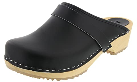 Bjork Maja Wood Open Back Leather Clogs (EU-38, Black)