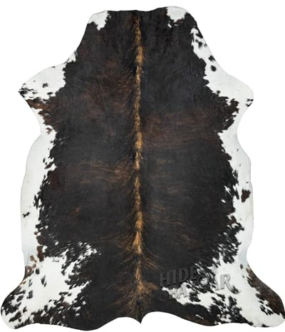 HIDES BAZAAR Real Cowhide Rug 6x6-7 ft - Natural Leather Hair-on-Hide Area Rug with Brown, Black & White Pattern (Dark Brown Brindle) - Soft Western Cow Skin Rug for Living Room & Rustic Homes