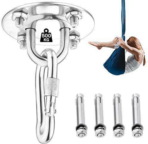 Deckenhaken Hängesessel, Augplatte Edelstahl Schaukelhaken mit Karabiner & Schwerlastdübel für Hängesessel,Hängematte,Boxsack,Yogatuch und Sonnensegel Befestigung Halterung, Deckenhalterung bis 500KG