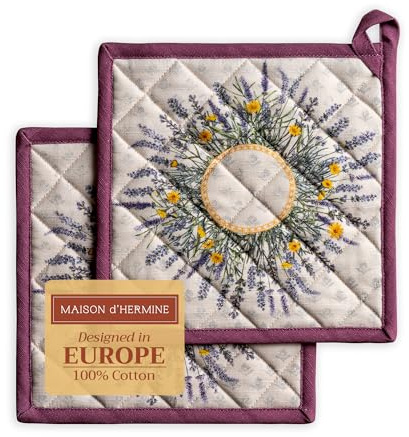 Maison d' Hermine Set di presine, 100% cotone, resistenti al calore, 20 cm x 20 cm, con anello per barbecue, per maneggiare padelle calde, Primavera Estate (Fanny Lavender, confezione da 2)