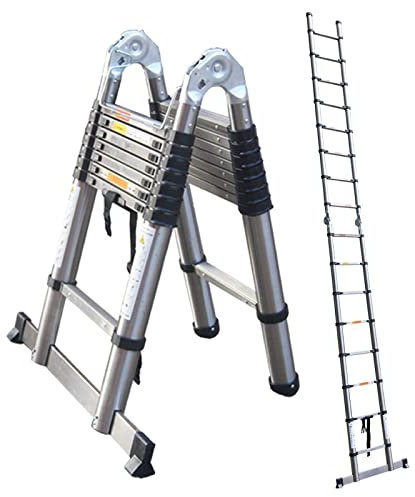 Stainless Steel Telescoping Ladder 16.5ft/5m Telescopic Extension Ladder Multi Purpose A-Frame Straight Ladder 300LB Capacity Spring Loaded Locking Stabilizer Bar Safety Lock for Indoor & Outdoor
