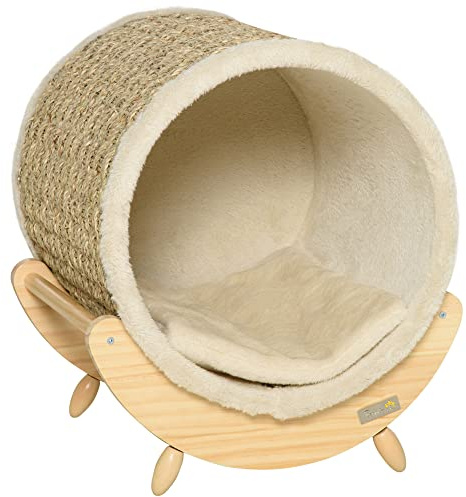 PawHut Maison Niche pour Chat sur Pieds avec Coussin Amovible et griffoir - Bois de pin - Naturel