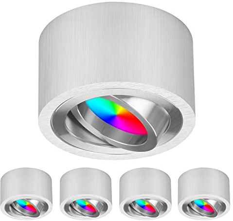TEVEA LED Flach Aufbauspot Smart Deckenleuchte | 5W 230V RGBW Dimmbar | LED Modul austauschbar | Aufbauleuchte Farblicht Partyleuchte | 5er Pack (Silber Gebürstet)