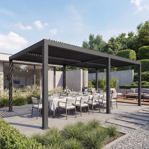 Mendler Pergola HWC-L46 11cm-Aluminium-Gestell 3x6m - anthrazit | Gartenpavillon, Lamellen-Pavillon, Regenrinne, sturmfest
