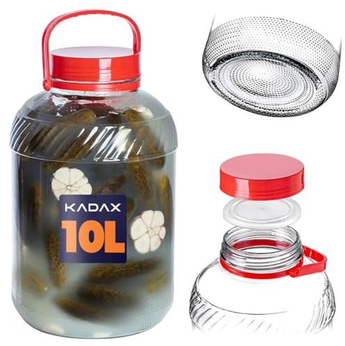 KADAX Grand Bocal de Fermentation en Verre, Récipient de Conservation avec Couvercle Hermétique, Idéal pour la Préparation de Cornichons et Choucroute (10L)