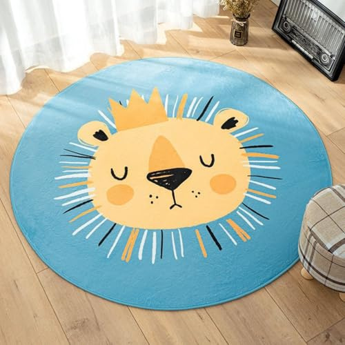 champracer Kinderzimmer Rund Spielmatte, Kinderteppich Rund Löwe Kopf, Wohnzimmer Babymatte,Teppich Kinder Schlafzimmer, Waschbarer rutschfest In- und Outdoor Teppiche (Blau, Löwe,100cm)