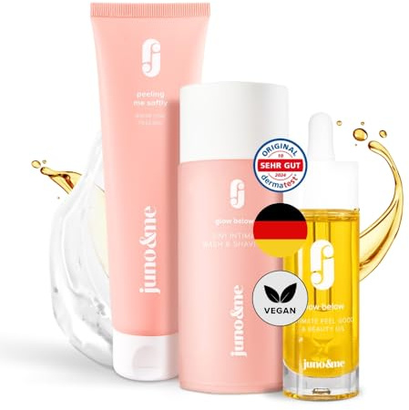 juno & me – Glow Below Set – 3er-Set zur Reinigung, Pflege & Rasur der äußeren Intimzone – Mit Pre-Shave Peeling, Rasiergel & After Shave Öl mit Milchsäure – vegane Intimpflege Damen