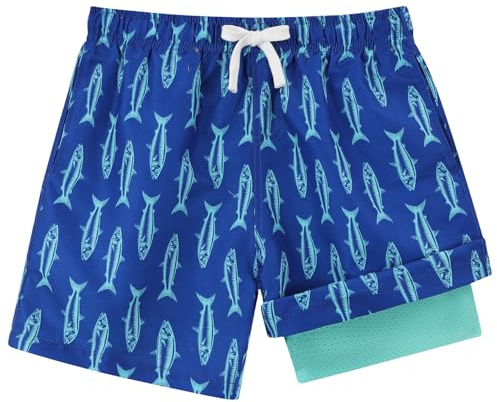 westwolf Kid Board Shorts 8 9 Fish Blue Boys Bathing Suit with Compression Liner Fish Printed Boys Swim Shorts Size 8 9 with Pockets Swim Trunks Classical Summer Beach Shorts Clothes