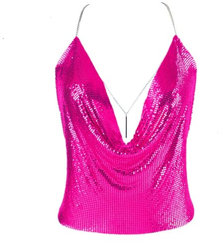 Top Sexy da Donna con Scollo a V Scintillante e Profondo Scollo a V, Canotte con Catena per Il Corpo, Fucsia, M