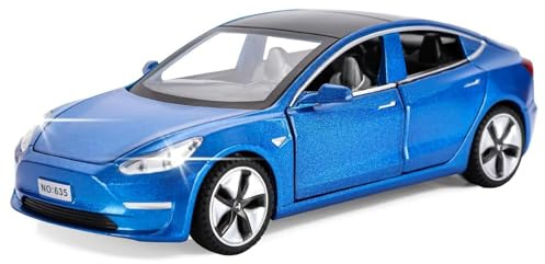 MODVKVK Tesla Model 3 1:32 modellbil, leksaksbil med ljus och musik, pull-back-funktion, legeringsgjutning, perfekt för barn från 3 år och samlare (blå)