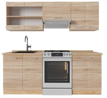 Vicco Küchenzeile R-Line, Sonoma/Goldkraft Eiche, 200 cm | 5 Module · Höhenverstellbare Füße · AP Eiche inkl. · Robuste Fronten · Mit Glasschrank · Frei kombinierbar