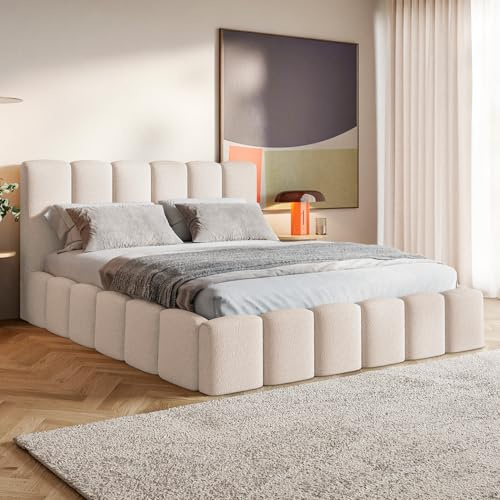 MOTIVENA Nunu Bubble-Bettgestell 180x200, Stauraum, Kopfteil, Bouclé, Beige