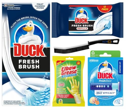 Toilet Duck & Duck Fresh Discs Cleaning Bundle – Toilet Duck Fresh Brush with Holder, Starter Kit, Extra Refill Pack (12 Pads), Duck Fresh Discs Blue Toilet Cleaner Starter And Medium Ruber Gloves