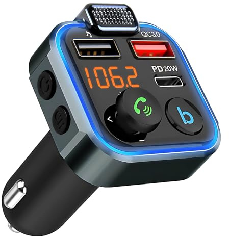 Trådlös 5.0 FM Bluetooth-radioadapter bilkit, PD20 W QC3.0 snabbladdande billaddare med 3 laddningsportar stöder U-disk, starka mikrofoner, basförlustfritt HiFi-ljud, handsfree-samtal, Siri Assistant