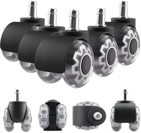 Foydream 5 Pezzi Ruote Sedia Ufficio 11x22 mm, 360°Ultra Silenziosi rotelle sedia ufficio, Ruote di Ricambio per Sedie da Ufficio, Compatibili con Diversi Tipi di Pavimenti, Grigio