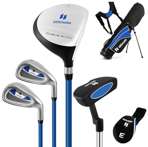 LIFEZEAL Juego de Palos de Golf para Niños Diestros con #3 Fairway, Hierros #7 y #9, Putter, Bolsa con Soporte y Capota para Niños y Niñas de 8 a 10 Años (Azul)