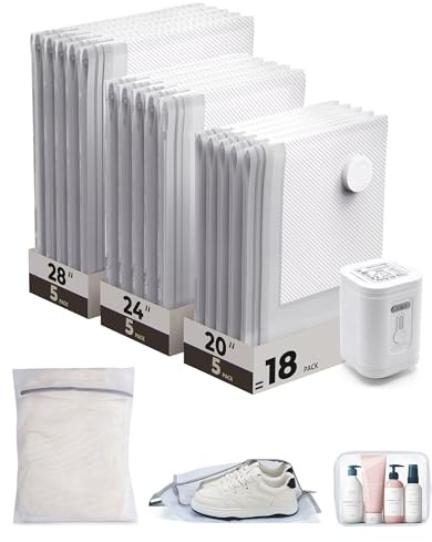 BAGSMART Travel Vacuum Bags for Suitcase & Home, 18 Pack with Wireless Pump | Triple-Seal Leak-Proof Reusable Space Saver For Travel & Home, Compression Clothes Seal Bag,With Toiletry Shoe & Laundry Bags