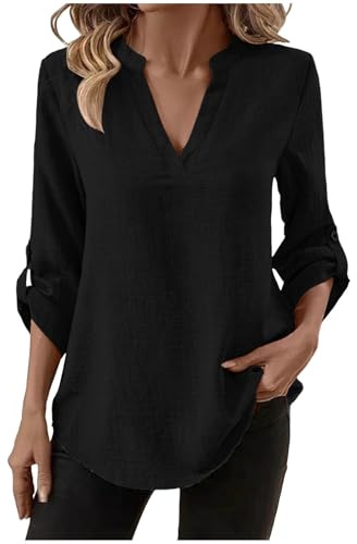 Aopir Linen Shirts for Women UK 3/4 Sleeve V-Neck Tunic Office Blouse Cotton Business Casual Tops Spring Summer 2026 Black Women's Fashion 2X