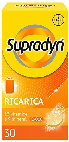 Supradyn Ricarica Multivitaminico Completo Vitamine e Minerali per Adulti, Integratore Vitamine A, B, C, D3, E, K, Magnesio, Calcio, Zinco, Selenio e Q10, Gusto Arancia 30 Compresse Effervescenti