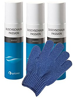 Spitzner - Schiuma doccia Passion, confezione risparmio (3 x 150 ml) con guanto da massaggio