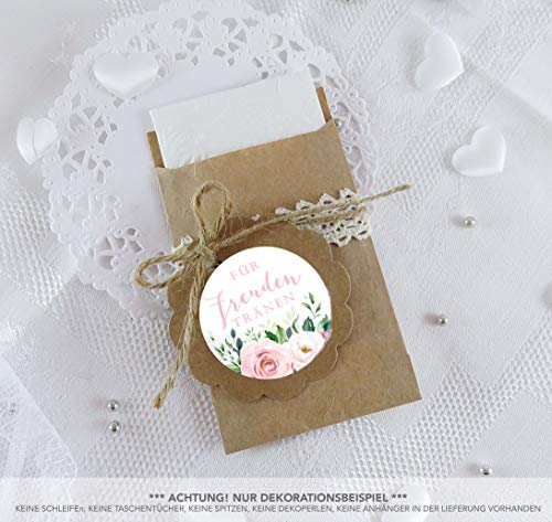 Freuden Tränen Taschentücher Set zur Hochzeit Klein 24 Sticker + 24 braune Flachbeutel 63 x 93 mm Freudentränen Taschentuch Verpackung BOHO HIPPIE ROSEN EUKALYPTUS BLATT WEIß ROT ROSA BLAU GRÜN
