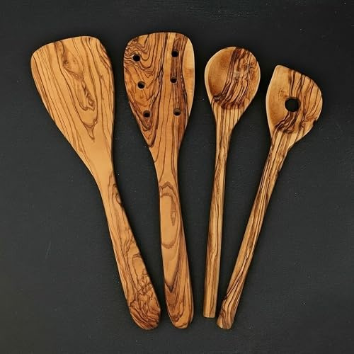 What the Art!® Olive Wood «The Chef» Gr. M | Olivenholz Kochbesteck 4er Set | Handarbeit | 30 cm | Pfannenwender + Pfann. gelocht + Kochlöffel + Reislöffel