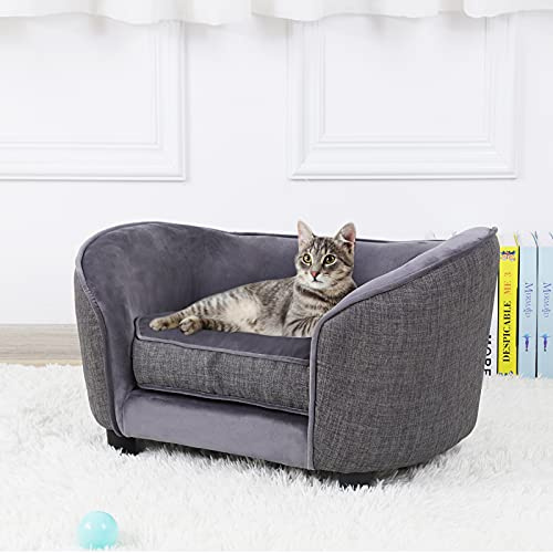 Soffa för husdjur, hundsoffa i sammet med tvättbar kudde för liten hund, katt, grå (grå)