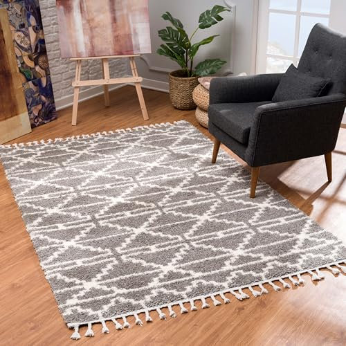 Teppich Wohnzimmer Shaggy Läufer - Grau Creme 80x200 cm - Deko Schlafzimmer Hochflor mit Fransen Flauschig Rauten Muster - Oeko Tex 100 Standard - Allergiker geeignet