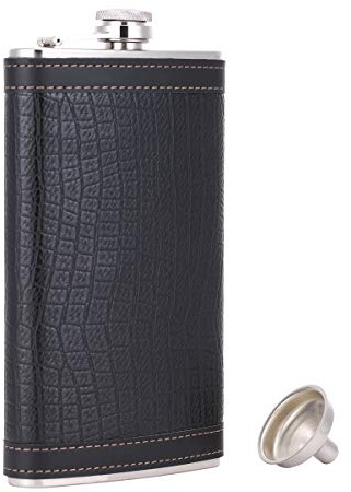 TANEAXON Flachmann mit Trichter und Box, Edelstahl, auslaufsicher, 340 ml, Schwarz | Tasche, mit Leder umwickelt, inklusive Trichter und Box, Edelstahl, auslaufsicher