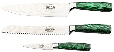 Rockingham Forge Sunrise Collection 3-Piece Kitchen Knife Set, Premium Stainless Steel with Resin Handles – Chef’s Knife, Paring Knife & Bread Knife