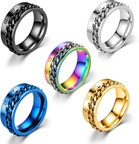 HUJUON 5 st rostfritt stål kedja spinner ringar set, punk romerska siffror fidget bandringar, ångestring bröllop löftesband för kvinnor män, Metall, Legering