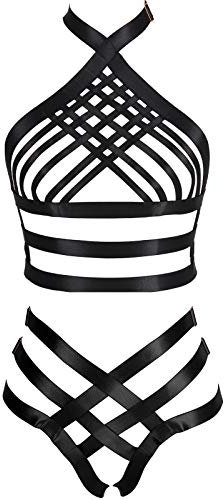 PETMHS Damen Punk Cut Out Harness Body Full Strappy Dessous Strumpfband Gürtel Set Elastizität Goth Club Rave Wear, Schwarz O22+P17, Einheitsgröße