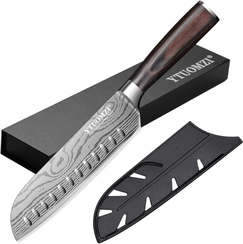 Ytuomzi 7 Santoku Knife with Blade Guard, Hollow Edge Chef's Santoku Knife 7-inch Stainless Steel Japanese Chefs Knife for Kitchen Vegetables Fruits Meat, Ergonomic Pakkawood Handle, Gift Box